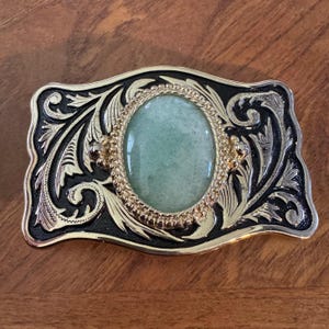 Vintage Sage Green Stone Belt Buckle - Western Design Oval Gold Engraved Buckle