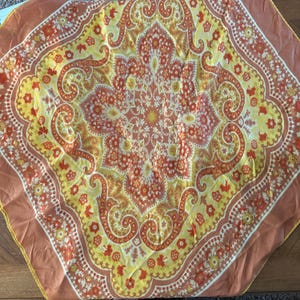 Scarf Vintage Acetate Square Boho Retro Print Gold and Orange  - Retro Style