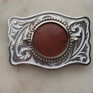 Vintage Rust Stone Silver Belt Buckle - Western Design Oval Silver Engraved Buckle
