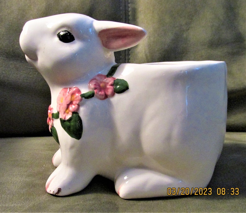 Ceramic Bloom Rite Bunny Planter With Pink Flowers - Etsy