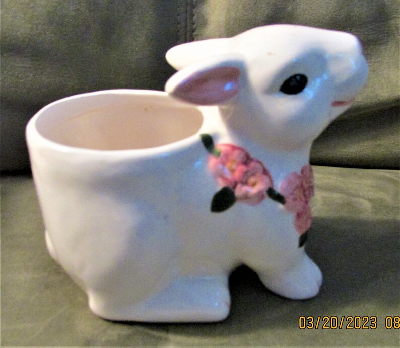 Ceramic Bloom Rite Bunny Planter With Pink Flowers - Etsy