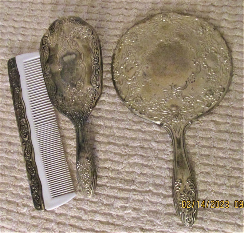 Antique Vanity Mirror Brush and Comb Set Silver Plated Etsy