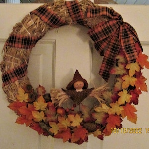 Fall Holiday Wreath with Hooded Pumpkin 14 inch diameter