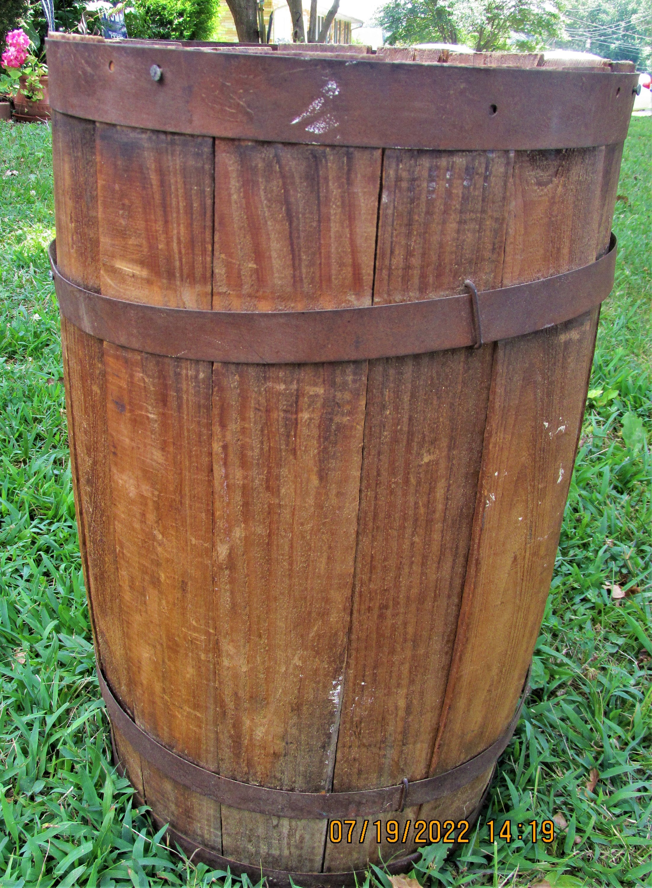 Vintage Wood Nail Keg or Barrel with Metal Bands, Waste Basket or Umbrella Stand