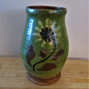 Pottery Pitcher with Handle Green and Brown with Floral Design Hand Painted