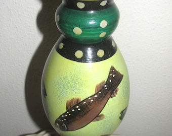 Hand Painted Pillar Candle Holder with Fish Plaid and Polka Dots