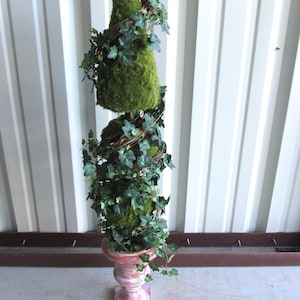 Könnte beinhalten: Eine dekorative Topiary-Pflanze mit einer kegelförmigen Form aus moosgrünem Material, verziert mit künstlichem Efeu und einer geflochtenen Weinrebe. Sie steht in einem antiken, rot-weiß bemalten Urnen-Pflanzgefäß und wirkt klassisch und elegant. Datum und Uhrzeit sind unten rechts aufgedruckt.