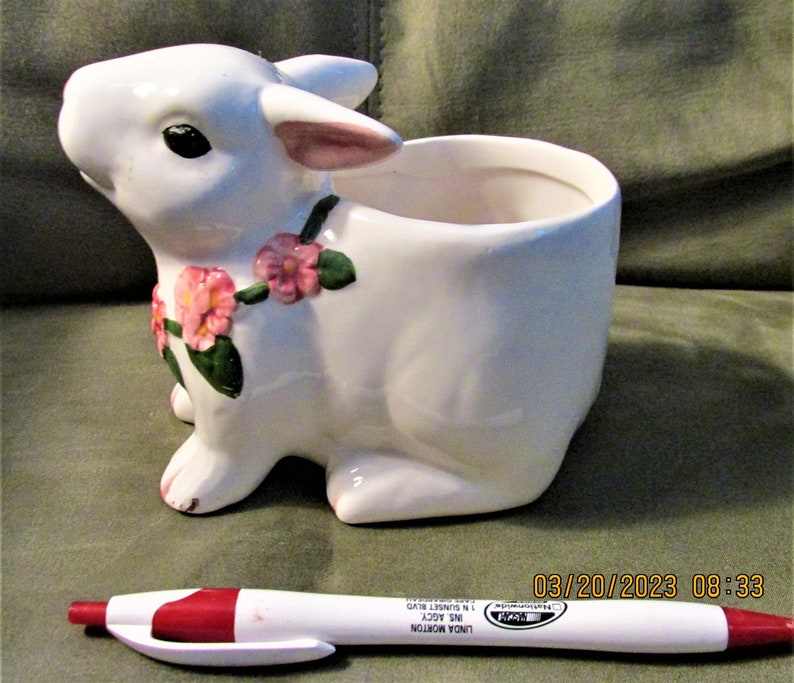 Ceramic Bloom Rite Bunny Planter With Pink Flowers - Etsy