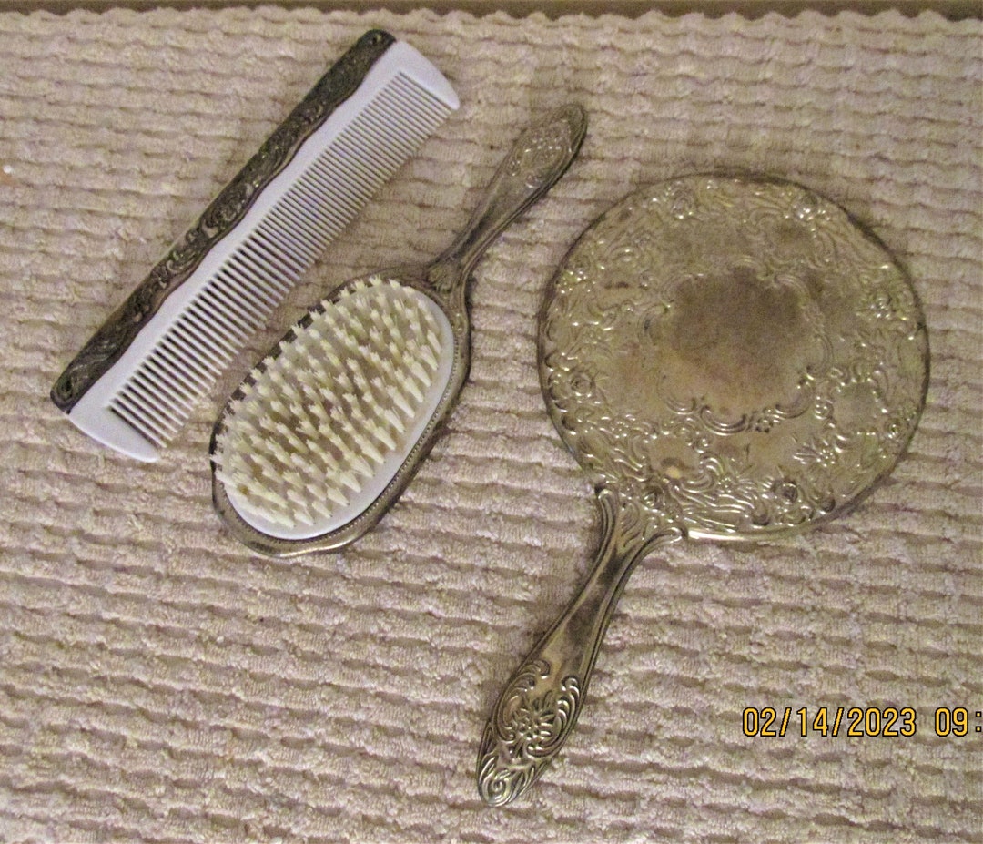 Antique Vanity Mirror Brush and Comb Set Silver Plated Etsy