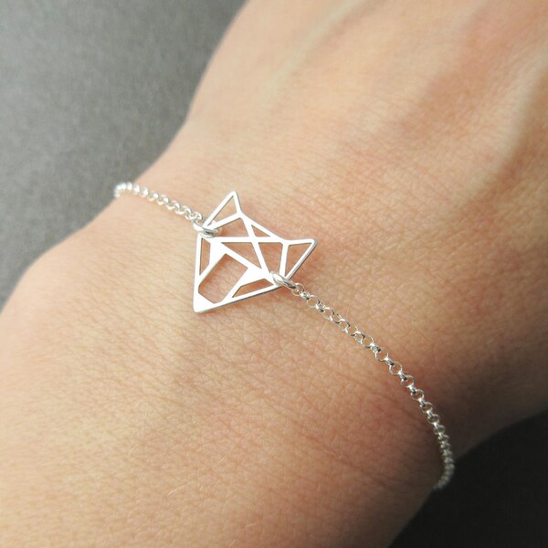 Bracelet fin tête de renard chat origami animal en argent 925/1000e