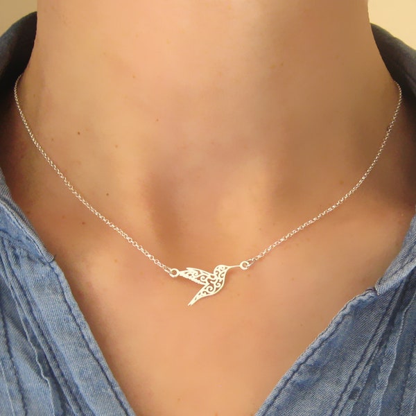 Collier fin colibri oiseau ajouré minimaliste argent 925/1000e