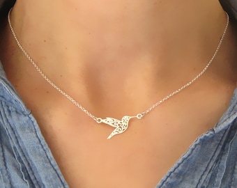 Feine minimalistische durchbrochene Kolibri-Vogel-Halskette aus 925/1000 Silber