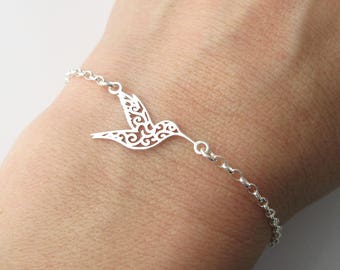 Bracelet motif colibri petit oiseau ajouré en argent 925/1000e