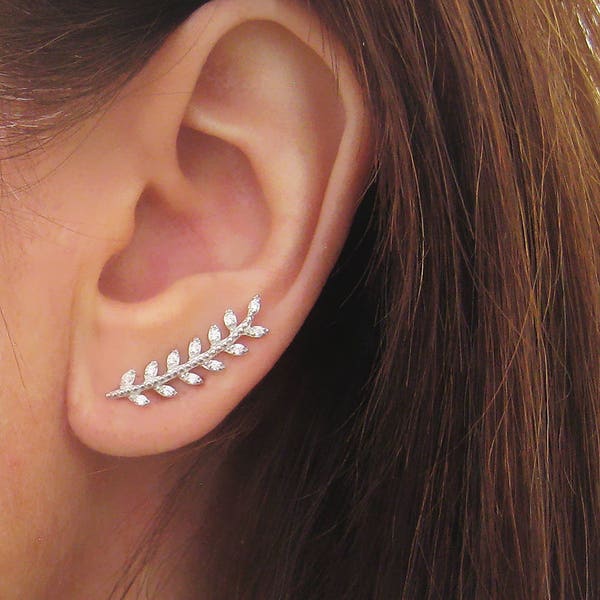 Boucles d'oreilles épis feuille de laurier ear-cuffs contours de lobes zirconium argent 925/1000