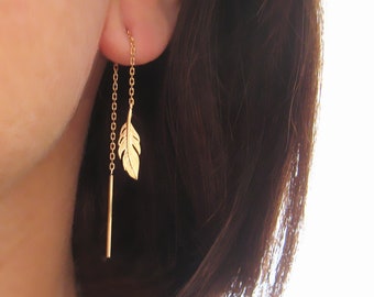 18k gold plated feather dangling chain through earrings