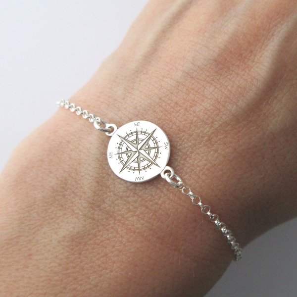 Bracelet boussole rose des vents compas voyage en argent 925/1000e