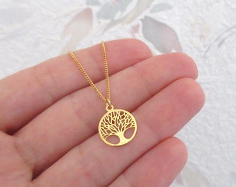 Collier fin arbre de vie minimaliste délicat en plaqué or 24 carats