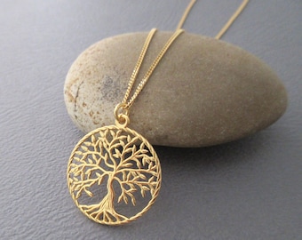 Collier pendentif rond arbre de vie ajouré en plaqué or jaune