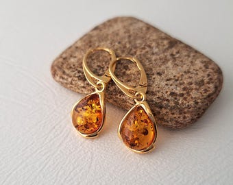 Boucles D'oreilles Anciennes - Ambre Baltique & Jade - Plaqué Or - Dormeuses - Occasion