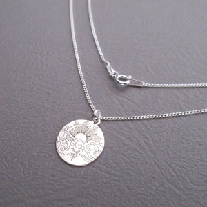 Round pendant necklace engraved sun moon clouds nature in silver 925/1000e image 2