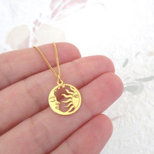 Round moon sun stars nature pendant necklace in 24 carat gold plated