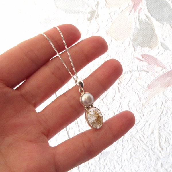 Collier pendentif avec perle et quartz rutile pierre naturelle argent 925/1000e