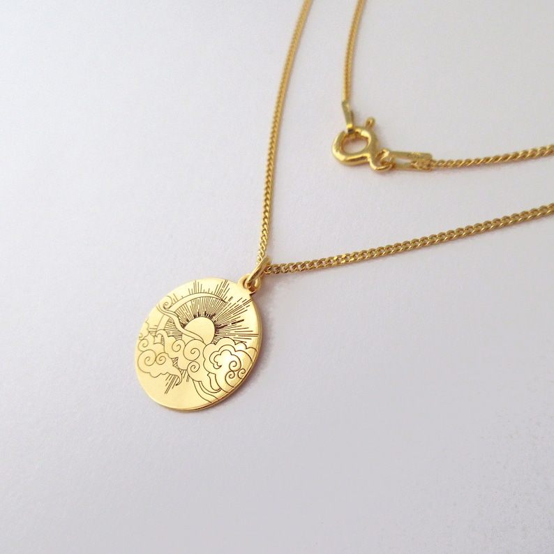 Engraved round pendant necklace sun moon clouds nature in 24 carat gold plated image 4