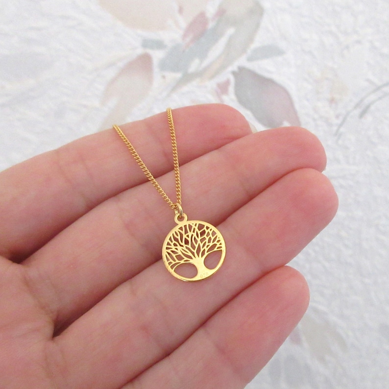 Dainty Minimalist Tree of Life Thin Necklace in 24k Gold Plating image 1