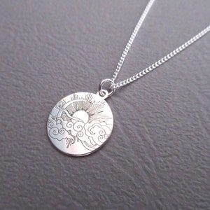 Round pendant necklace engraved sun moon clouds nature in silver 925/1000e image 3