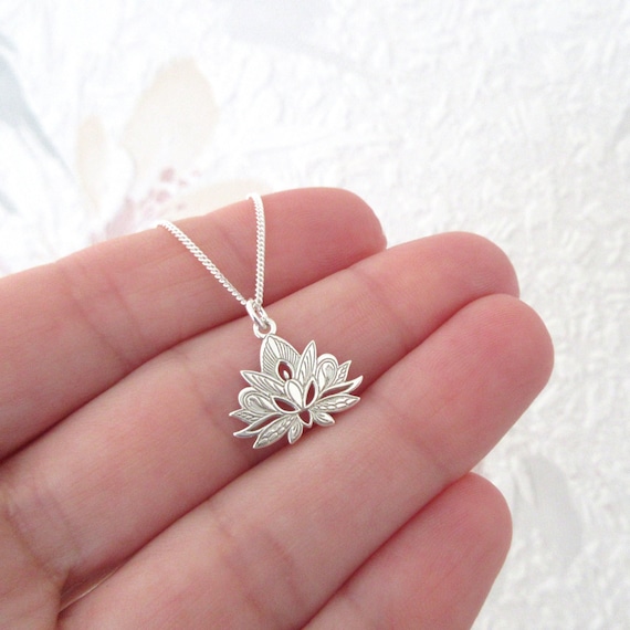 Engraved Lotus Flower Pendant Necklace in 925 1000 Silver Etsy