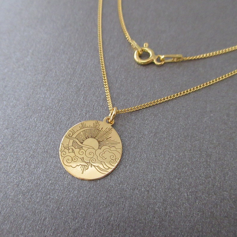 Engraved round pendant necklace sun moon clouds nature in 24 carat gold plated image 2