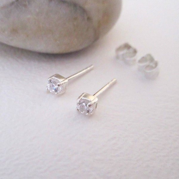 925 silver mini zirconium CZ solitaire chip earrings