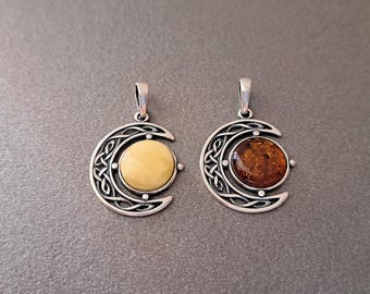 Genuine Baltic Sea Amber and 925 Silver Sun Moon Pendant