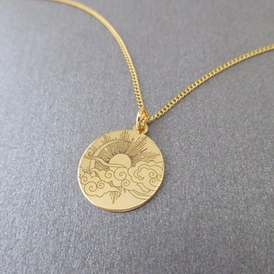 Engraved round pendant necklace sun moon clouds nature in 24 carat gold plated image 3