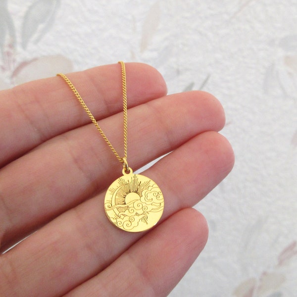 Engraved round pendant necklace sun moon clouds nature in 24 carat gold plated