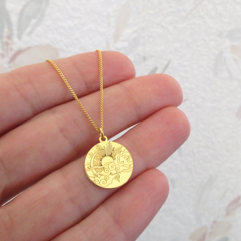 Engraved round pendant necklace sun moon clouds nature in 24 carat gold plated image 1