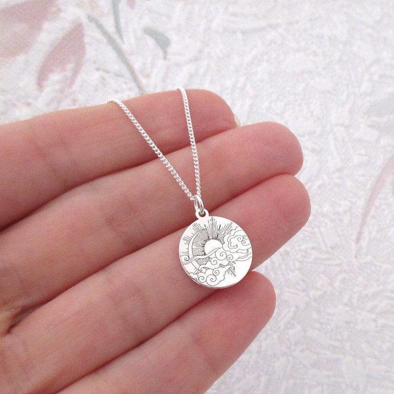 Round pendant necklace engraved sun moon clouds nature in silver 925/1000e image 1