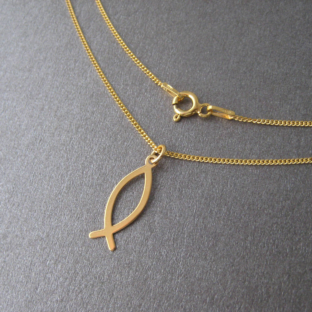 Fine Minimalist Fish Pendant Necklace Christian Symbol 24 Carat