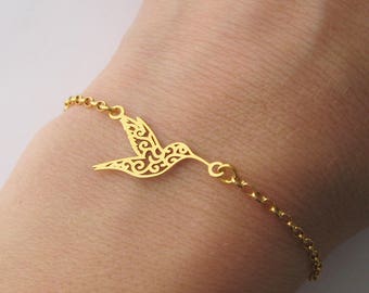 Bracelet motif colibri petit oiseau ajouré en argent 925/1000e plaqué or 24 carats