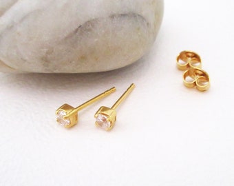 24K Gold Plated Solitaire CZ Cubic Zirconia Mini Stud Earrings