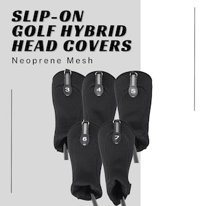 May include: Set of six black golf club head covers with a mesh design. The covers are numbered 3 through 7.  Slip-on golf hybrid head covers. Neoprene mesh.