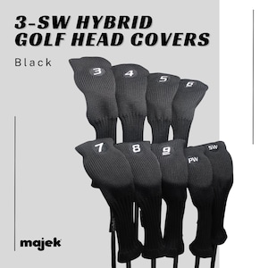 May include: Set of black golf head covers for clubs numbered 3 through 9, plus a pitching wedge and sand wedge. The covers are made of a knit fabric and have white numbers and lettering.