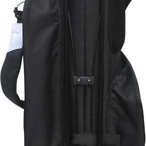 May include: Black golf bag with a textured pattern. The bag has a stand mechanism and multiple compartments. Features a shoulder strap and a mesh top. The bag is designed to hold golf clubs and accessories.