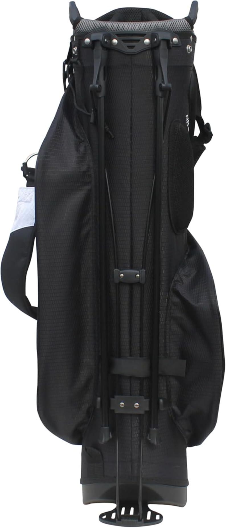 May include: Black golf bag with a textured pattern. The bag has a stand mechanism and multiple compartments. Features a shoulder strap and a mesh top. The bag is designed to hold golf clubs and accessories.