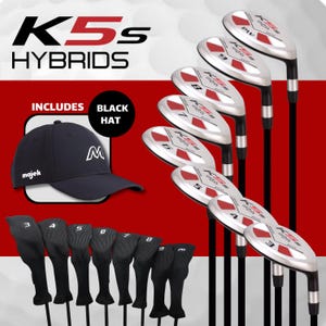 May include: A set of nine silver and red golf clubs with black shafts and grips. The clubs are numbered 3 through 9 and PW. The set also includes a black baseball cap with the word "majek" on the front.