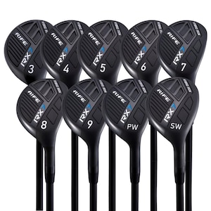 May include: A set of black golf clubs with blue accents. The clubs are labeled with the numbers 3 through 9, PW, and SW. The clubs are all black with a silver finish and have a blue stripe running down the shaft.