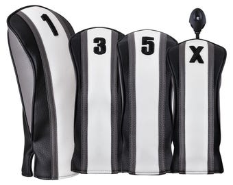 Majek Premium Vintage Synthetic Leather White, Black, and Grey Stripes Head Covers