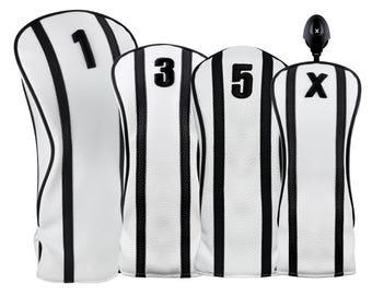 Majek Premium Vintage Synthetic Leather White and Black Stripes Head Covers