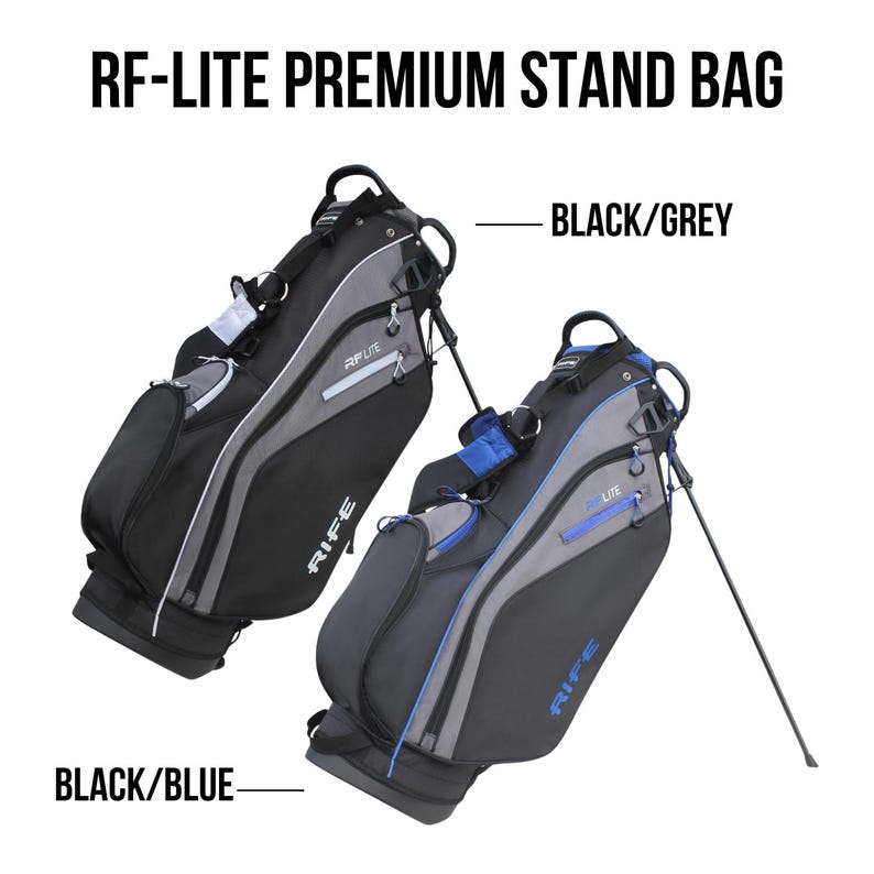 May include: Two RF-LITE Premium Stand Golf Bags in black and grey, and black and blue color schemes. The bags have multiple compartments, a stand, and the brand name "RIFE" is visible. The text "RF-LITE PREMIUM STAND BAG" is at the top.