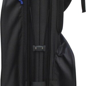 May include: Black golf bag with a blue mesh top and blue accents. The bag has a stand and multiple pockets. The bag has a textured surface and a black shoulder strap.